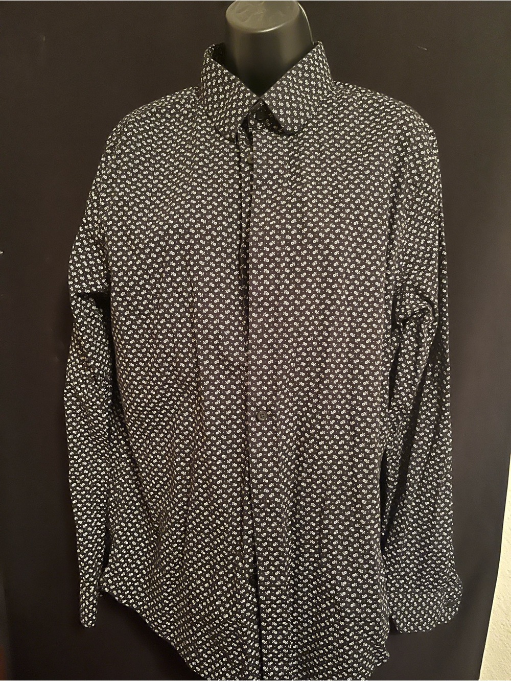 Express Black Button-Down Shirt with White Micro Print